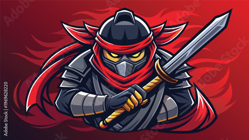 Ninja character holding a sword with a red background while wearing a black mask and a red headband