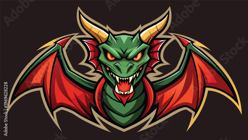 Dragon graphic design featuring bold colors and striking features on a dark background