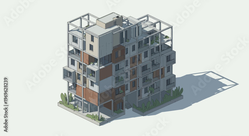 Modern Apartment Building Under Construction Isometric View.