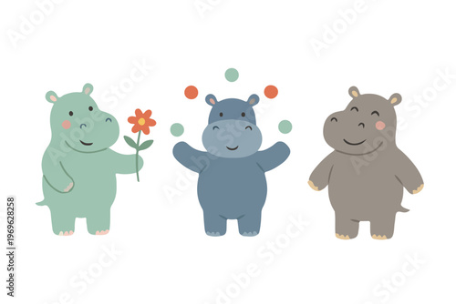 Cute Hippo Vector Elements Holding Flower and Juggling Balls Minimalist Design