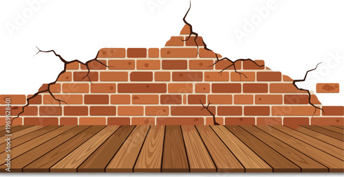 Damaged brick wall with wooden floor, representing decay, dilapidation, and the need for renovation or repair