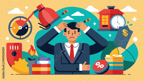 Businessman dealing with stress from work tasks and time management in a busy office setting