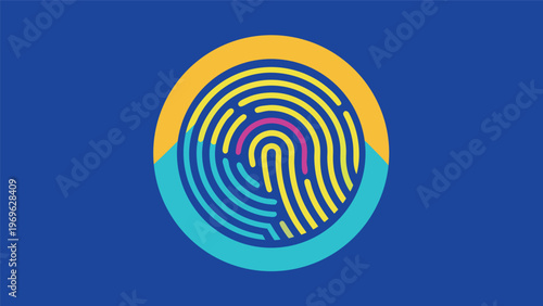 Symbol showing a fingerprint in bold lines with blue and yellow colors on a simple background representing security and identity