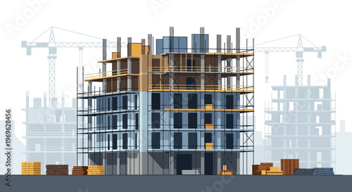 Modern Building Under Construction with Cranes.