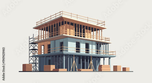 Modern Building Under Construction with Scaffolding.