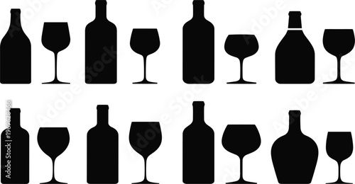 Collection of black silhouettes of wine bottles and wine glasses on white background Keywords: wine bottle, wine glass