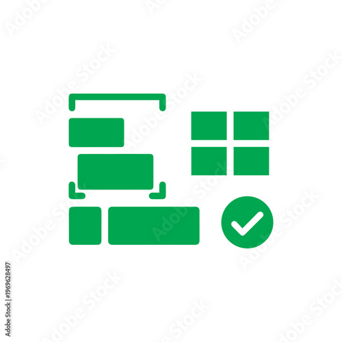 Green graphic illustration depicts various user interface layout elements, a structured grid, and a successful operation checkmark.