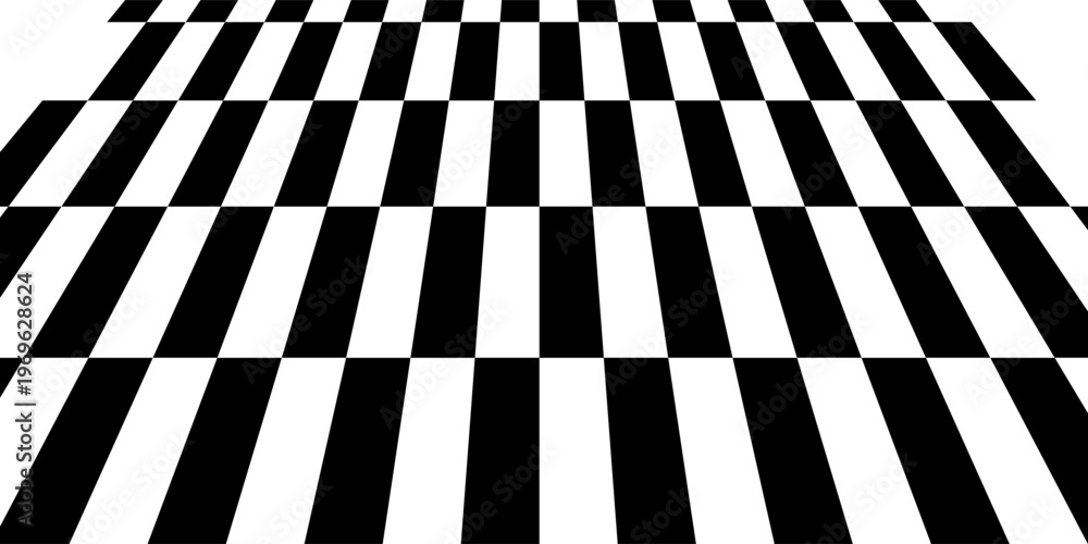Obraz premium Checkerboard floor in perspective. Black and white fading checkered tile pattern background. Retro horizontal chess board grid plane surface. Vector 10
