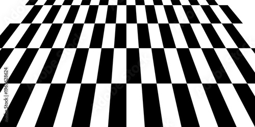 Checkerboard floor in perspective. Black and white fading checkered tile pattern background. Retro horizontal chess board grid plane surface. Vector 10