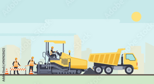 Road Construction Scene with Paver and Dump Truck.