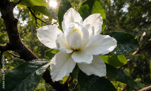 Wallpaper Mural White Magnolia flower blooming on tree branch with green leaves   Torontodigital.ca