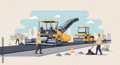 Road construction workers operating heavy machinery for asphalt paving.