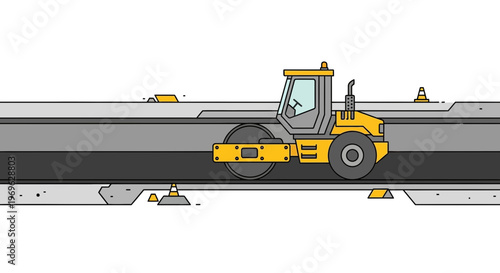 Yellow steamroller compacting asphalt on a construction site.