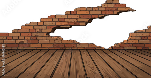 An old, weathered brick wall with a large hole revealing a wooden floor and empty space