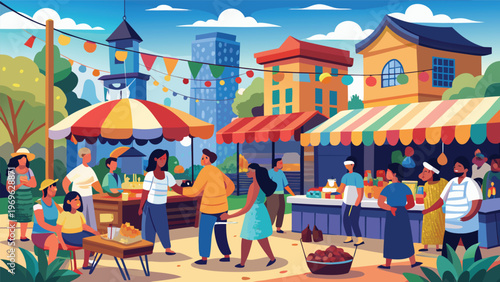 Community gathers at market to enjoy food, meet friends, and shop for local goods on a sunny day in the town square