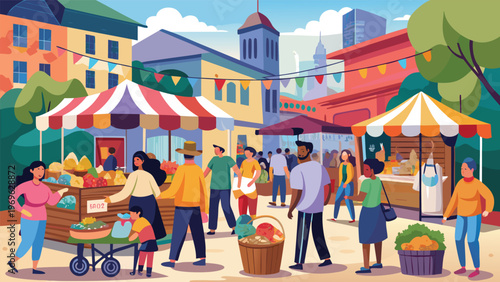 Local market scene with vendors and shoppers enjoying a sunny day in a vibrant community setting