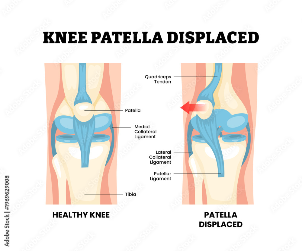 Fototapeta premium Knee patella displaced joint knee disease. Labeled ligament, patella. Patellar dislocation with ligament strain and joint instability Synovial joint anatomy. Frontal and side view Vector illustration.