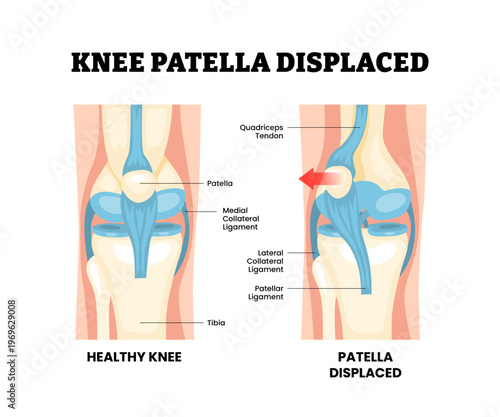 Knee patella displaced joint knee disease. Labeled ligament, patella. Patellar dislocation with ligament strain and joint instability Synovial joint anatomy. Frontal and side view Vector illustration.