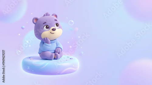 Cute cartoon bear sitting on a cloud with bubbles around it.