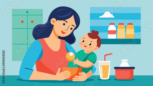 Mother prepares food for baby in kitchen while holding an orange in child’s hand