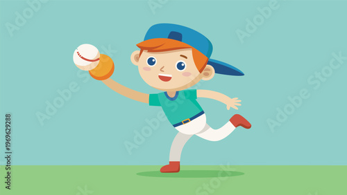 Young child plays baseball in a bright setting with a smile while wearing a cap and throwing a ball