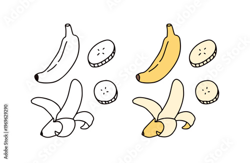 色ありと白黒のバナナのイラストセット