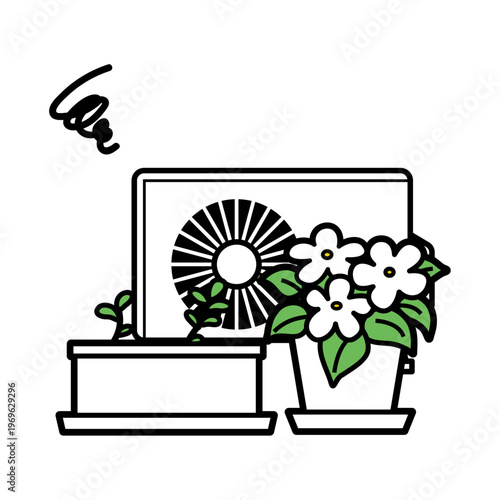 Outdoor AC Unit Blocked by Plant Pot Causing Airflow Restriction Front View, Ventilation Problem Illustration