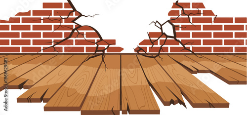 Damaged wooden floorboards and a cracked brick wall represent destruction and ruin
