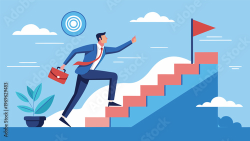Business person climbs stairs to reach goal with briefcase in hand on a clear blue day