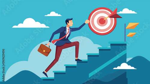 Businessman climbs stairs to reach target while holding briefcase in a bright blue sky