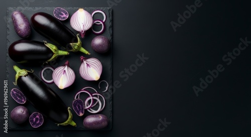 Fresh purple eggplants and sliced onions.