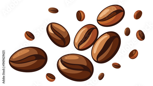 Coffee beans scattered around on a plain background during a midday snack time