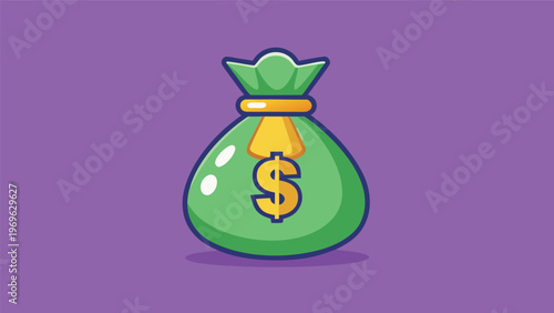 Green money bag with a dollar sign on a purple background showing the concept of finance and savings