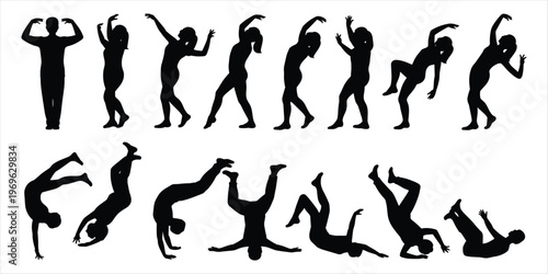 Silhouettes of people performing various dance and acrobatic movements on white background Keywords: silhouette, people, dance