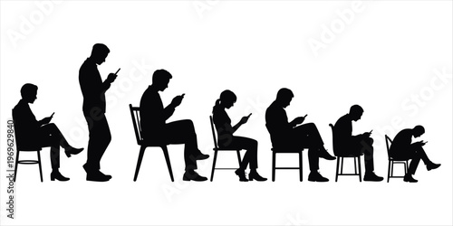 Silhouettes of people sitting and standing using smartphones on white background Keywords: people, silhouette, smartphone, mobile