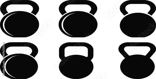Six black kettlebell silhouettes arranged in two rows on a white background Keywords: kettlebell, weight, fitness, exercise
