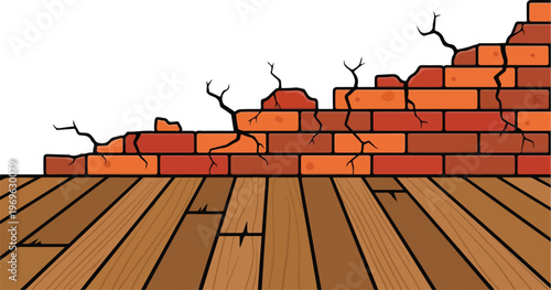 Damaged brick wall with worn wooden floorboards, representing decay or neglect