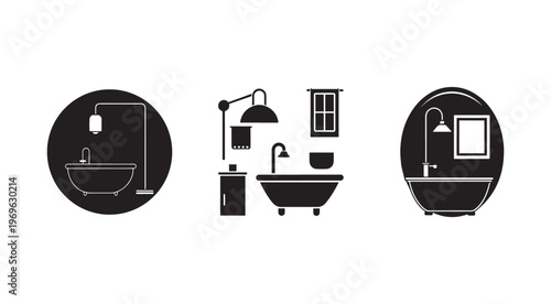 Black and white bathroom icons with bathtubs and lamps  various bathroom objects and accessories