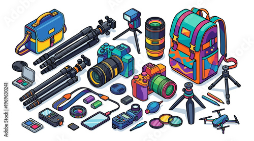 Colorful photography equipment and gadgets.