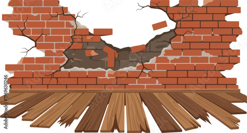 Broken brick wall with damaged wooden floor, illustration of destruction and decay