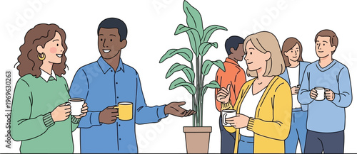 Diverse colleagues sharing coffee and conversation at work