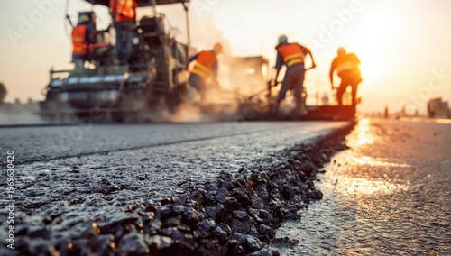 Road construction workers paving asphalt at sunset, using heavy machinery and tools for a smooth, newly laid roadway surface.