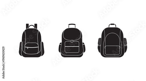 Backpack school bag travel bag hiking bag luggage outdoor gear equipment silhouette icon set  various backpacks in black and white