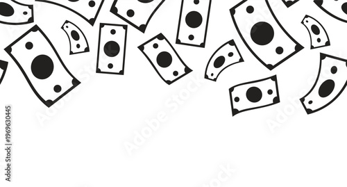 Paper money bills black and white top border. Banknotes. Seamless upper frame with line art pattern. Flat 2D graphic with falling composition. Copy space overlay repeat. Horizontal header divider