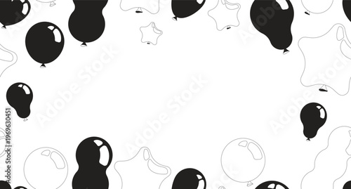 Balloons party black and white border copy-space. Star baloons. Seamless repeat pattern frame. Flat line graphic composition with copyspace center. Outline vector background with scattered elements