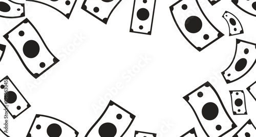 Paper money bills black and white border copy-space. Banknotes. Seamless repeat pattern frame. Flat line graphic composition with copyspace center. Outline vector background with scattered elements
