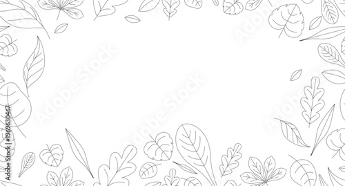 Autumn leaves black and white border copy-space. Fall foliage. Seamless repeat pattern frame. Flat line graphic composition with copyspace center. Outline vector background with scattered elements