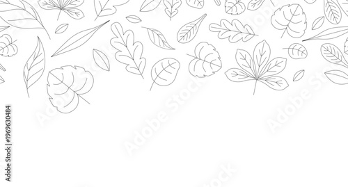 Autumn leaves black and white top border. Fall foliage. Seamless upper frame with line art pattern. Flat 2D graphic with falling composition. Copy space overlay repeat. Horizontal header divider