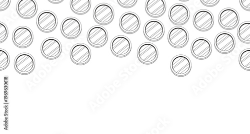 Shiny coins black and white top border. Game reward. Seamless upper frame with line art pattern. Flat 2D graphic with falling composition. Copy space overlay repeat. Horizontal header divider