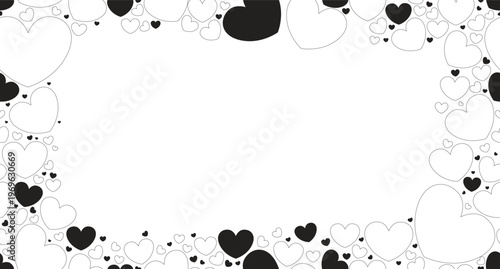 Love hearts black and white border copy-space. Romance Valentines. Seamless repeat pattern frame. Flat line graphic composition with copyspace center. Outline vector background with scattered elements